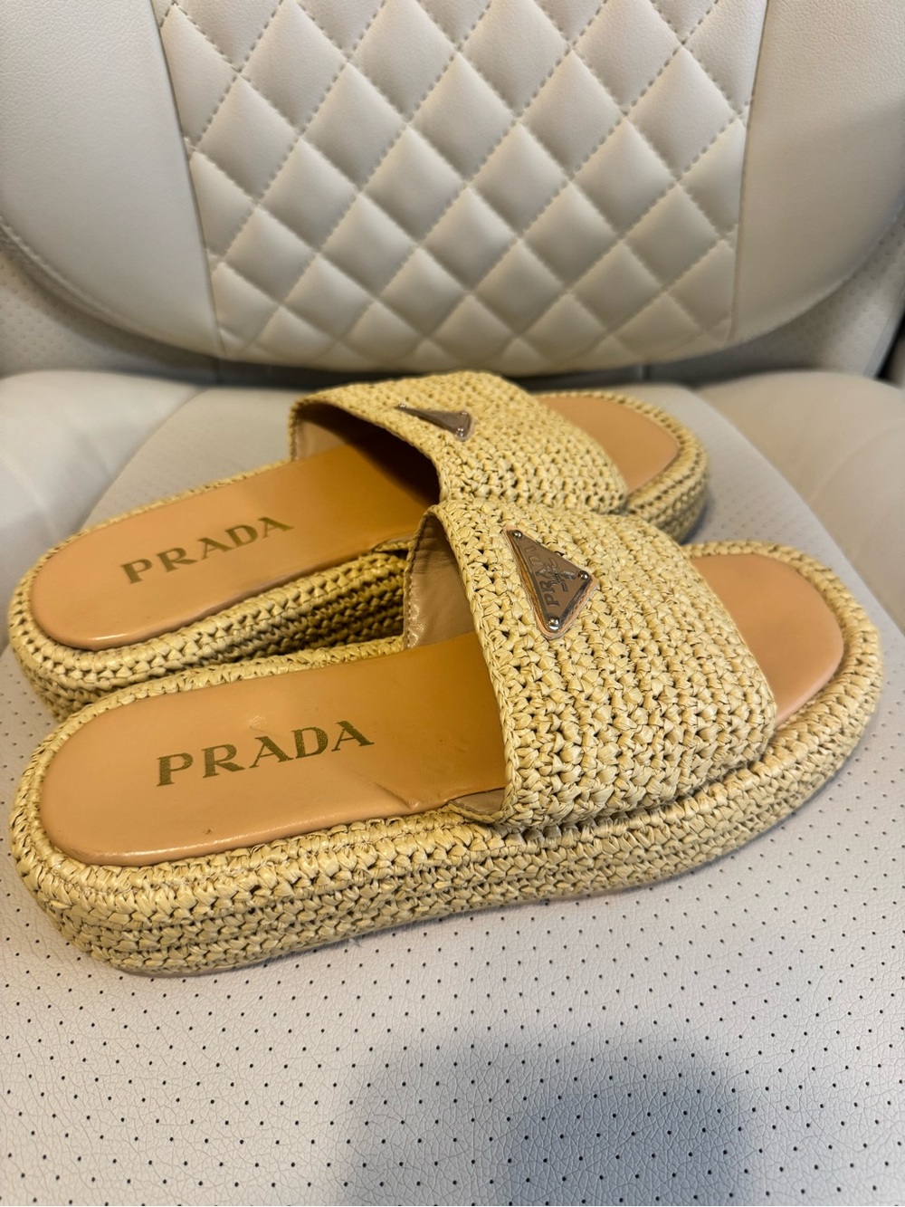 Prada Raffia Platform Slide Sandals Tan EU 38 US 7.5